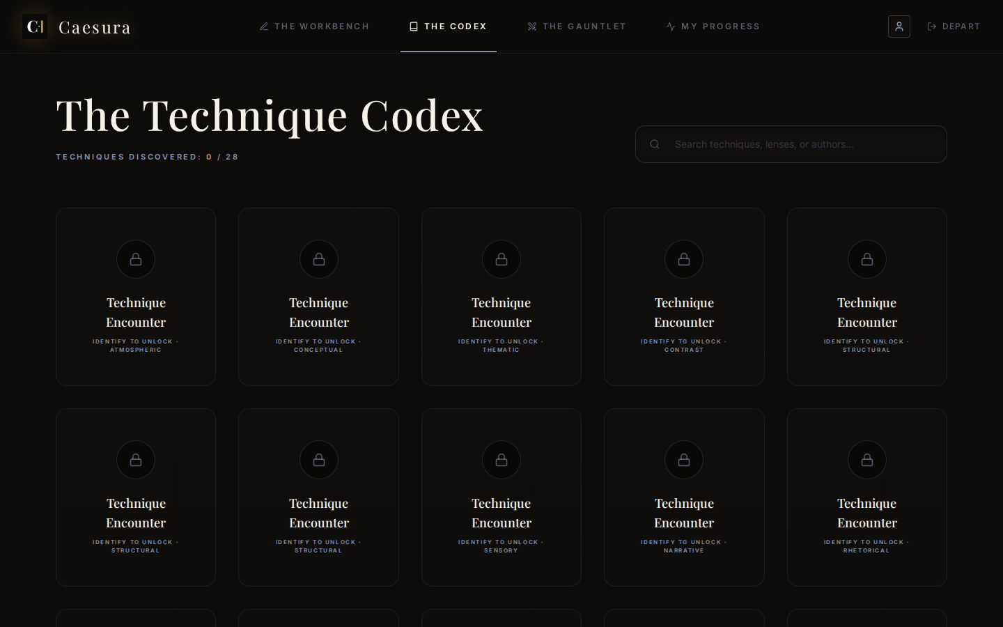 Caesura Technique Codex showing 28 unlockable literary and rhetorical devices