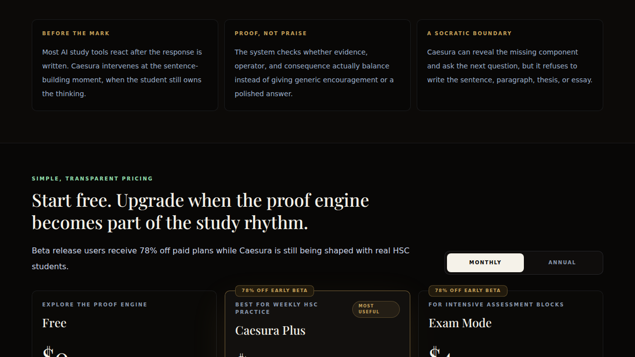 Caesura transparent Australian pricing plans from Free to Exam Mode