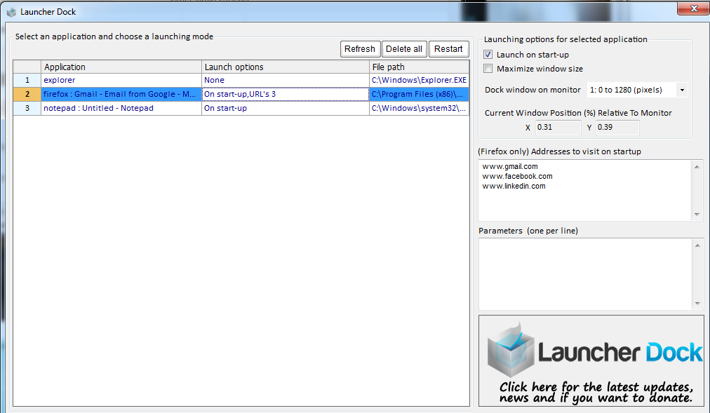 Launcher Dock native Windows application manager and coordinate configuration console