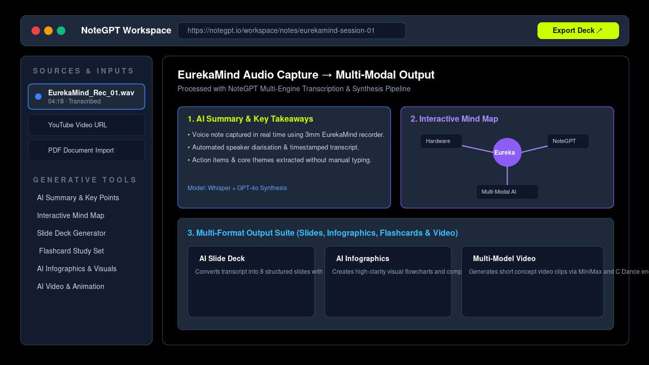 NoteGPT live interactive AI workspace interface showing notes, mind maps and generative media