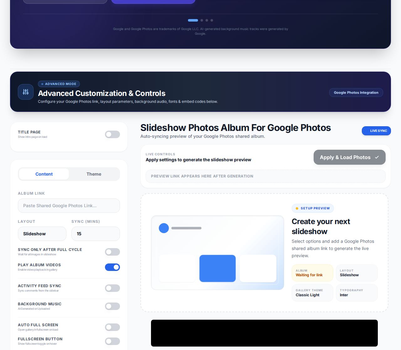 Slideshow Photos Album advanced controls showing Google Photos album link and sync settings